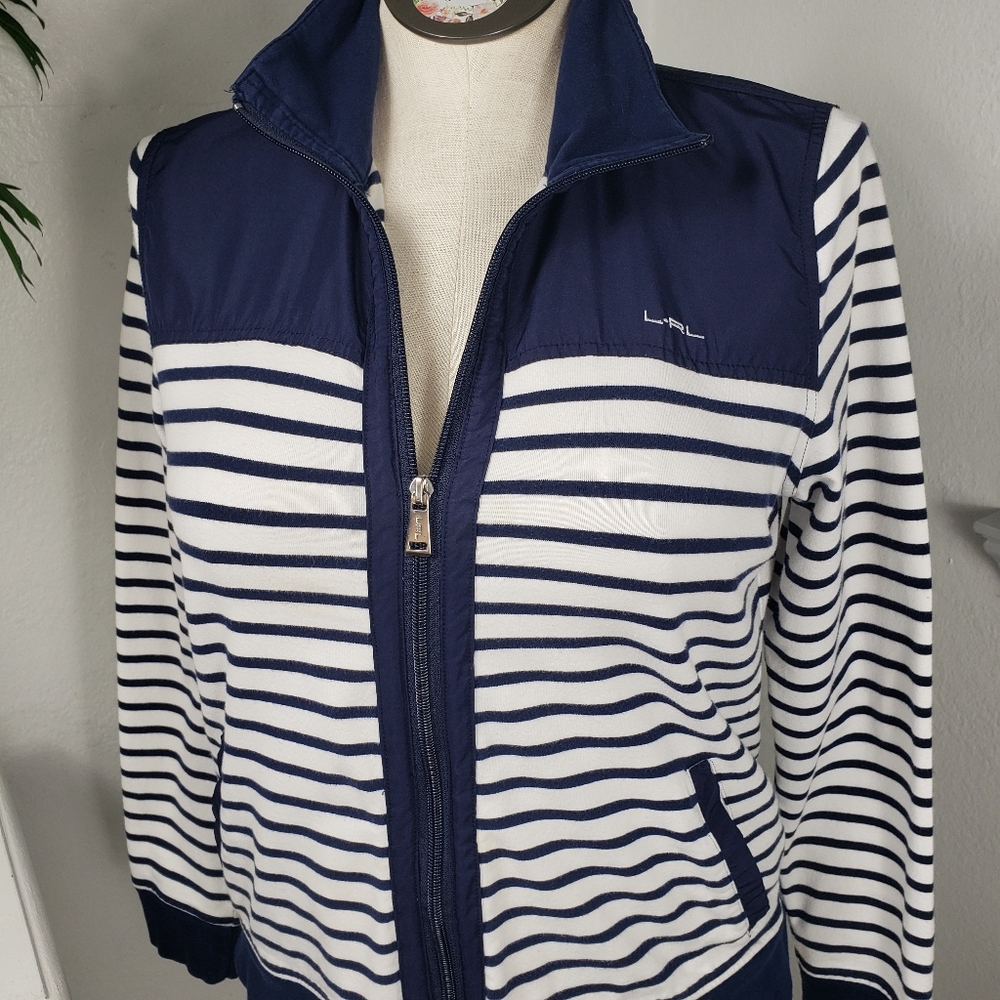 Ralph Lauren Navy & White Stripe Zip Knit Jacket - Nautical Activewear Preppy L